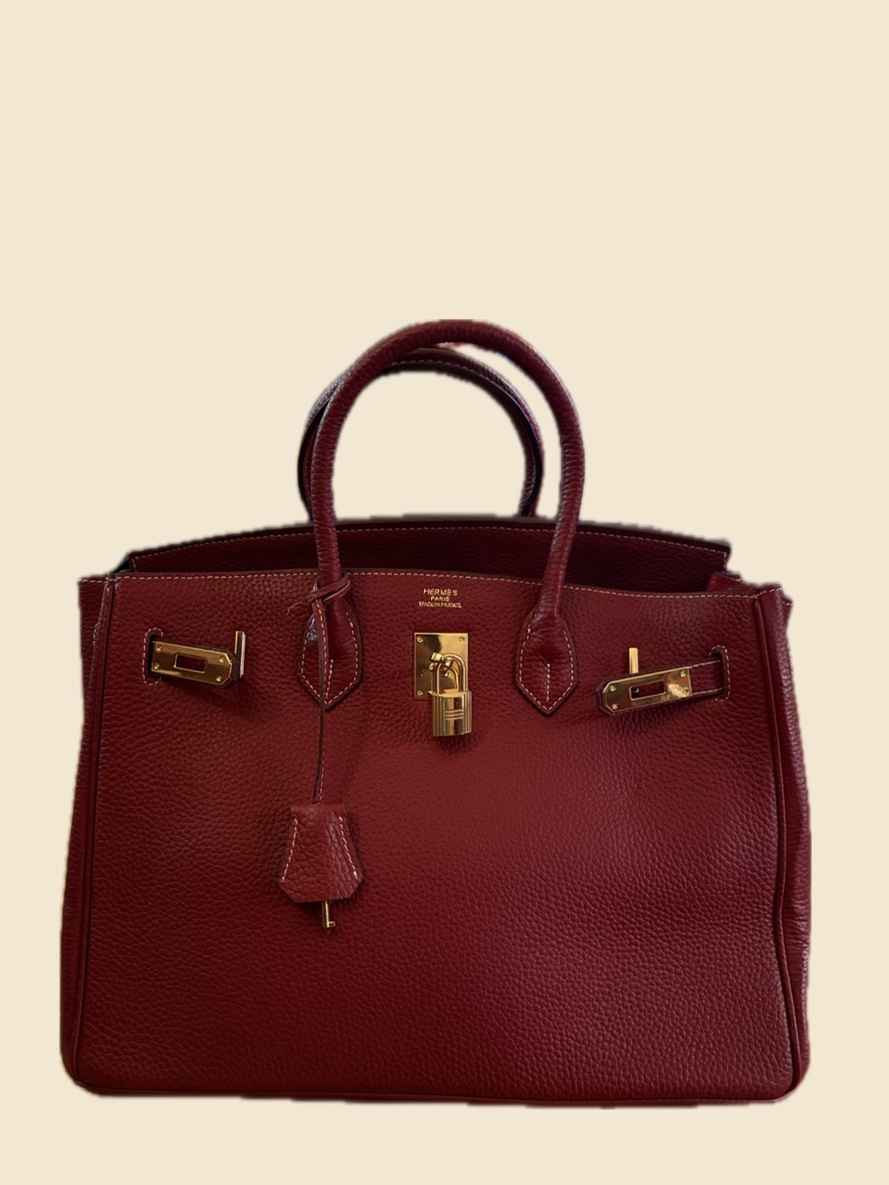 Hermes Burgundy Leather Top-Handle Tote with Gold Hardware